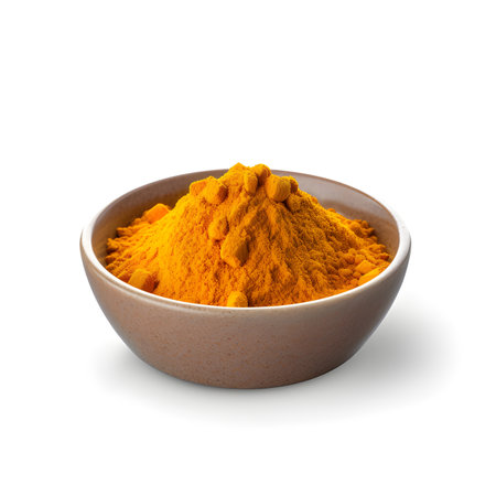 Turmeric powder in bowl on white background. Generative AIの素材