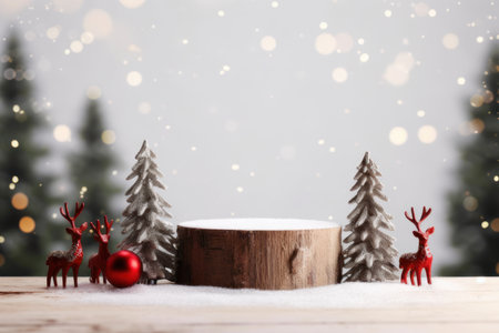 Christmas decoration background on the wooden stump with reindeer trees and snowflakes. AI generatedの素材