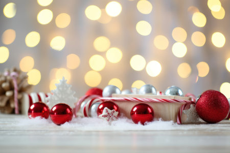 Christmas holidays background with snow and decorations. AI generatedの素材