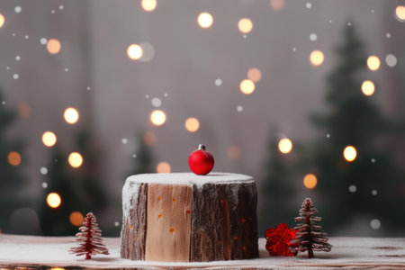 Christmas decoration background on the wooden stump with reindeer trees and snowflakes. AI generatedの素材