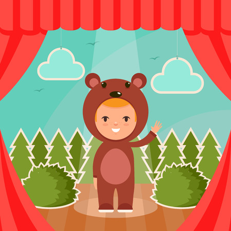 Cute Cartoon Kid in Bear Costume Standing on the Stage. Green Forest on Background. Vector Illustrationのイラスト素材