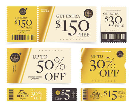 Money value or percentage discount bonus coupon template set. Get extra prize 150, 30, 15, 5 dollar free and 50 percent price off ticket vector illustration isolated on white backgroundのイラスト素材