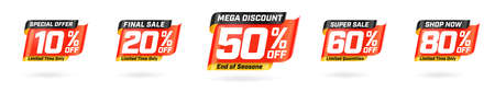 Special offer, final sale marketing promotion material. Limited time only mega discount, super sale on end off season, shop now with 10,20, 50, 60, 80 three-dimension vector illustration isolated setのイラスト素材