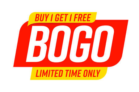 Bogo badge template with buy one get one limited time offer. Store gift, shop bonus, market wholesale, holiday discount marketing promo vector illustration isolated on white backgroundのイラスト素材