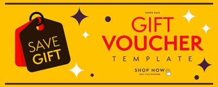 Save gift voucher template with super sale only weekend. Discount offer coupon layout with invitation click to shop now online in yellow design vector illustration isolated on white backgroundのイラスト素材
