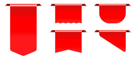 Red sale tag price label retail mockup with blank copy space. Realistic three-dimensional empty promotion or invitation adhesive sticky flag set vector illustration isolated on white backgroundのイラスト素材