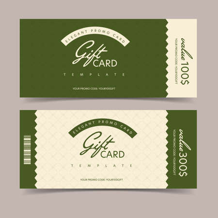 Elegant valuable gift card with promo code template. Universal vector tear-off shopping ticket mockup design for advertising shop, store or business sale event. Special discount offer presentのイラスト素材