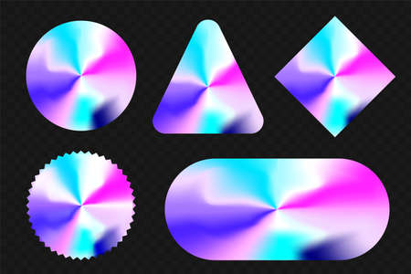 Holographic sticker different form and geometric shape set. Rainbow foil texture for quality emblem in product certification design vector illustration isolated on black backgroundのイラスト素材