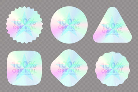 Quality 100 percent original guarantee holographic sticker. Set of gradient rainbow color label for product certification and package brand design vector illustration isolated on transparent greyのイラスト素材