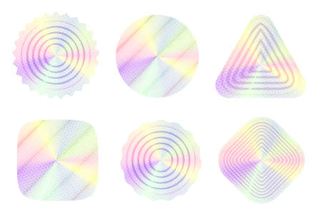 Holographic label with gradient transparent pattern design. Isolated set of unique advert, print or web label layout element for certification, diploma or guaranteed stamp vector illustrationのイラスト素材