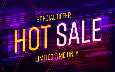 Neon banner with hot sale special offer limited in time. Poster template advertising commercial discount campaign. Vector illustration with bright headline on motion blurred backgroundのイラスト素材