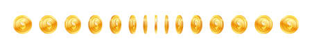 Set of rotating gold coin with dollar symbol for award. Golden money row in different angle for animation. Used for gambling game, virtual jackpot vector illustration isolated on white backgroundのイラスト素材