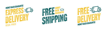 Express delivery and free shipping grunge sticker set. Money back guarantee and risk free special offer. Safe and secure shopping with fast order transportation service isolated vector illustrationのイラスト素材