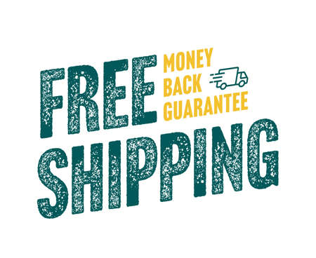 Free shipping and money back guarantee sale sticker. Risk-free shopping e-commerce security badge. Online purchase and fast delivery service promotion grungy vector illustrationのイラスト素材