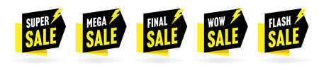 Promo sticker, pricing tag and sale badge template set. Super sale, extra, flash, mega, wow discount advertising label for shopping campaign vector illustration isolated in white backgroundのイラスト素材