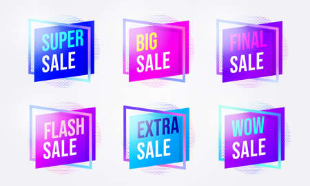 Sale promotion badge sticker for marketing campaign set. Super, big, final, flash, wow, extra sale tag with special offer discount vector illustration isolated in white backgroundのイラスト素材