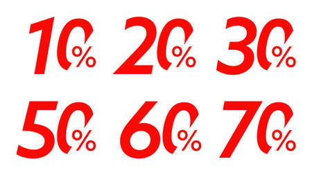 10, 20, 30, 50, 60 and 70 percent off sale sticker set. Commercial discount sale off tag with number...