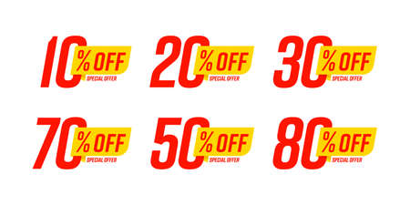 Special offer discount label with different sale percentage. 10, 20, 30, 70, 50 percent off price...