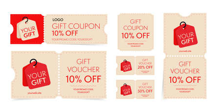 Gift coupon and voucher with promo code on discount set. Vintage tear-off shopping ticket, gift card with sale special offer to buy or purchase illustration isolated on white backgroundの写真素材