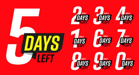 Countdown of days 0, 1, 2, 3, 4, 5, 6, 7, 8, 9 sticker set. Special offer timer, badge limited to few days vector illustration isolated on red backgroundのイラスト素材