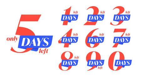 1, 2, 3, 4, 5, 6, 7, 8, 9, 0 day left countdown sticker set. Days remaining sale badge or label with...