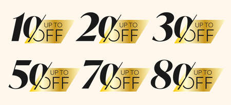 Up to 10, 20, 30, 50, 70, 80 percent off luxury realistic 3d design. Gold sale sticker, product tag,...