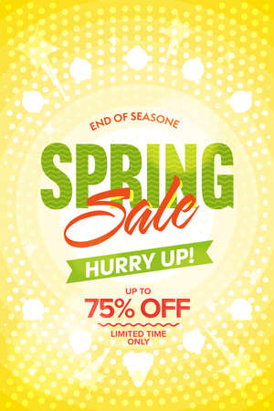 Spring sale with discount up to 75 percent off. Vertical hurry up sale banner or flier design template with limited in time special price clearance to end of season vector illustrationのイラスト素材