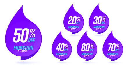 Sale sticker. Up to 50, 20, 30, 40, 60, 70 percent off badge set. Monsoon sale big price clearance advertisement vector illustration isolated on white backgroundのイラスト素材