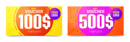 Gift voucher template set 100 and 500 dollar. Gift certificate or coupon layout with monetary reward for shopping. Discount coupon with place for logo vector illustration isolated on white backgroundのイラスト素材