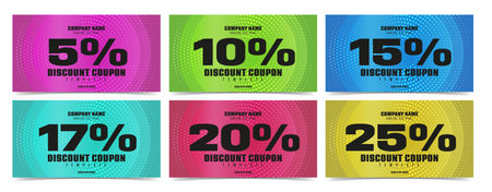 Discount coupon template set. Different percent reduction special price offer design. Discount voucher gift on abstract background vector illustrationのイラスト素材