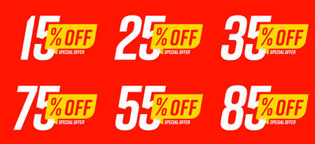 15, 25, 35, 55, 75, 85 percent off special offer. Clearance and price reduction promotion badge,...