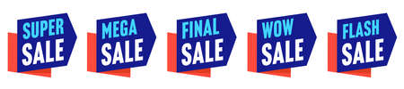 Sale sticker set with mega super discount, wow flash offer. Badge with best deal for cheap shopping vector illustrationのイラスト素材