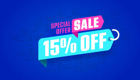15 percent off sale banner or sticker template. Special offer promotion. Discount advertisement vector illustrationのイラスト素材