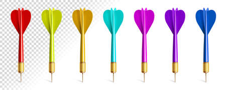 Colorful darts for playing and gaming competition. Throwable tool realistic set, isolated vector illustration. Business marketing, targeting and accurate goal achievements conceptのイラスト素材