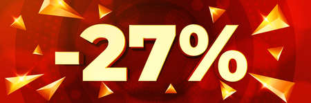 Minus 27 percent discount promotion banner. Advertising sale badge, coupon, label with number...