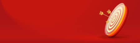 Target banner with copy space. Arrow in dartboard aim realistic 3d design. Targeting and success concept. Website header, banner or poster template vector illustrationのイラスト素材