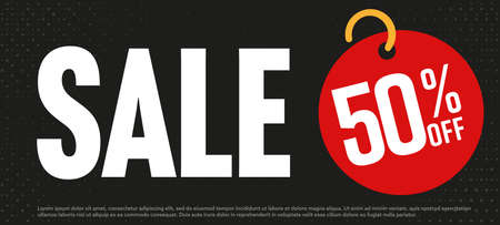 Sale banner. 50 percent off. Special discount offer for online shopping on black Friday sale event. Half price marketing promotion poster, coupon, voucher or banner label vector illustrationのイラスト素材