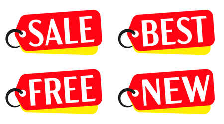 Red tag set. Sale, best, free, new headline on hanging red price tag vector illustration isolated on white background. Design template for online shop website or store in social mediaのイラスト素材
