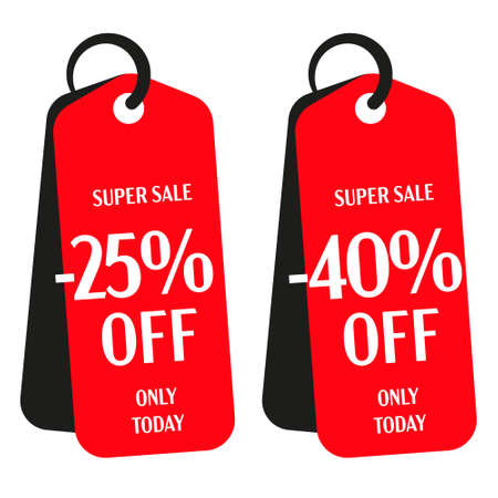 Red tag set. Minus 25 and 40 percent off super sale promotion. Single day special offer advertising. Only today product or service price clearance. Red sale tag collection isolated vector illustrationのイラスト素材