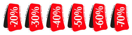 Red sale tag set. Minus 20, 30, 40, 50, 60, 70 percent off price discount. Red sale tag template collection isolated vector illustrationのイラスト素材