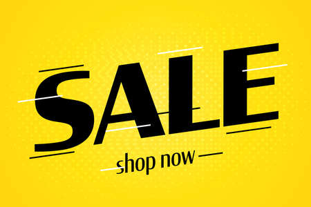 Sale banner. Motion dynamic template design with sale text headline and shop now invitation. Summer sale promotion special discount offer vector illustration on yellow backgroundのイラスト素材