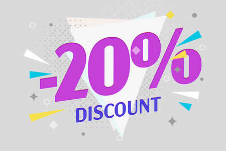 Sale banner. Minus 20 percent discount promotion. Sale poster, coupon, voucher or label pop art comic style design vector illustration. Marketing campaign promo materialのイラスト素材