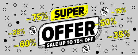 Super offer sale marketing banner design. Up to seventy five percent off price reduction deal poster template. Business event advertisement vector illustrationのイラスト素材
