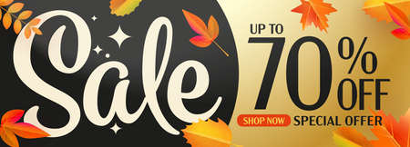 Autumn sale up to 70 percent off. Seasonal special offer announcement banner template. Fall wholesale discount. Vector illustration design with falling autumnal leaves and megaphoneのイラスト素材
