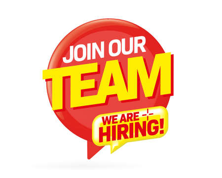 Recruitment info banner template. Join to our team and we are hiring message. Recruiting and open vacancy announcement vector illustration. Speech bubble talk chat balloon designのイラスト素材
