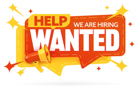 Help wanted concept. Announcement poster and web info banner template with speech bubble and advertising message. Hiring and recruitment vector illustrationのイラスト素材