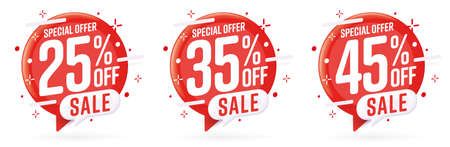 Special offer with 25, 35, 45 percent off. Red sale tag design vector illustration. Special price...