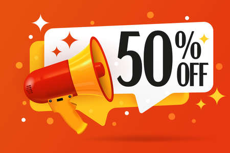 50 percent off sale sticker template. Speech bubble with quote and megaphone design vector illustration. Half price discount offer price sign. Special offer symbol. Save 50 percentageのイラスト素材