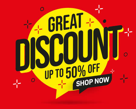 Great discount sticker. Up to 50 percent off great discount. Sale label with half price clearance special offer on product or services. Marketing promotion material for advertisement vector illustrationのイラスト素材