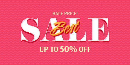 Best sale banner template. Half price discount promotion. Up to 50 percent off price clearance advertisement. Marketing vector illustration with best sale special offer announcementのイラスト素材